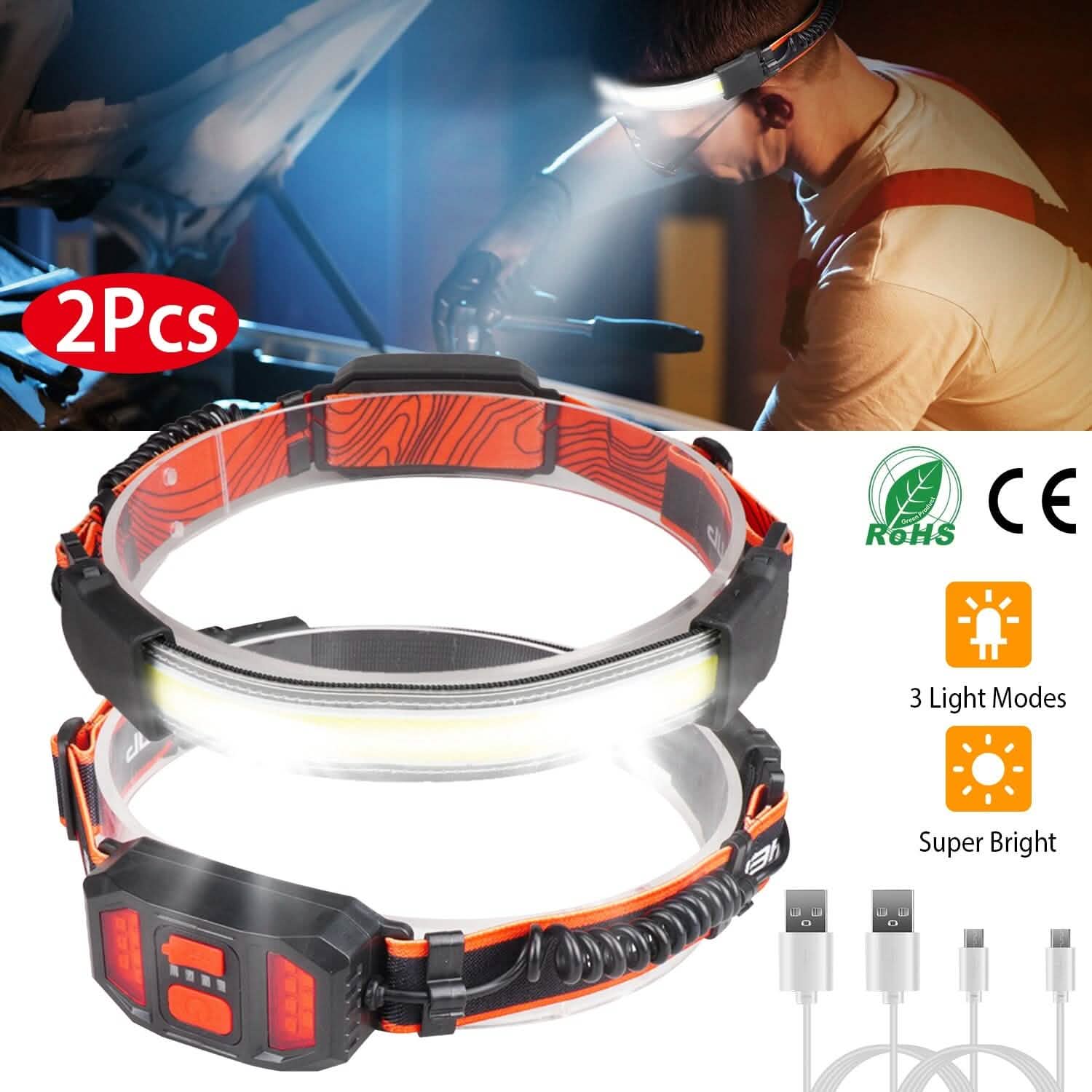 2-Pack: Rechargeable Headlamp 3 Light Modes Hand-Free Outdoor Recreation - Tophatter Daily Deals