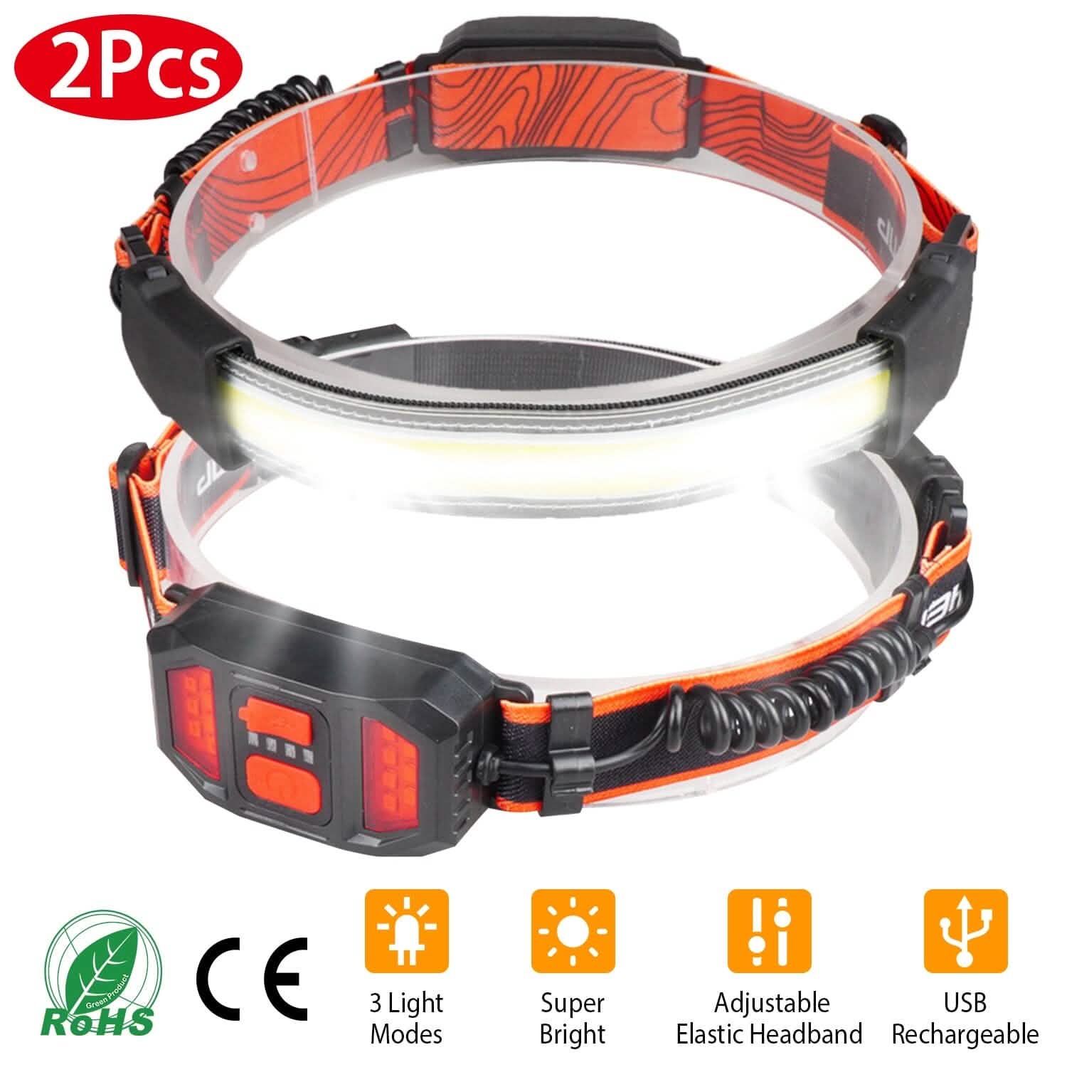 2-Pack: Rechargeable Headlamp 3 Light Modes Hand-Free Outdoor Recreation - Tophatter Daily Deals