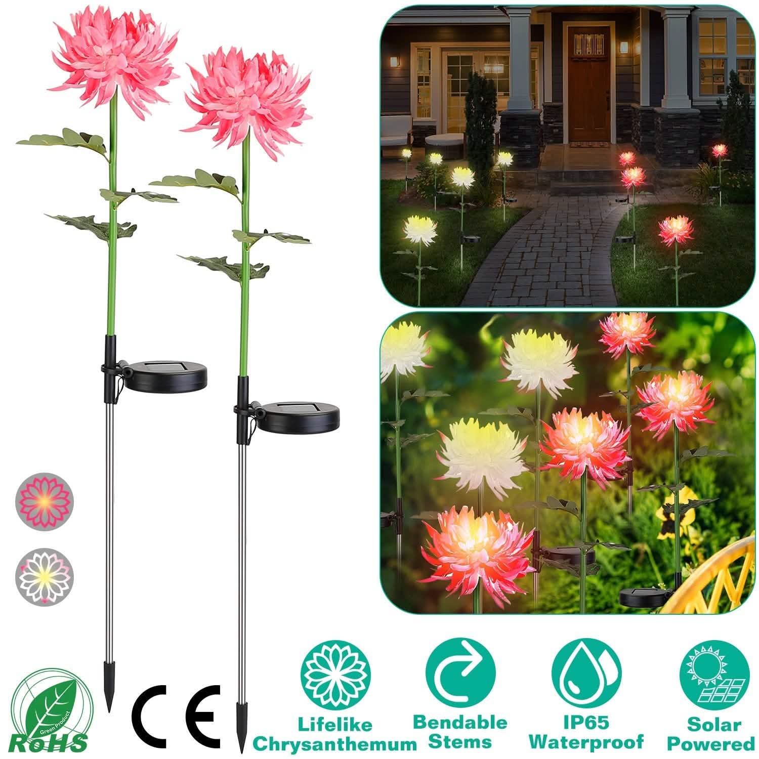 2-Pack: Solar LED Chrysanthemum Lights Outdoor Lighting - Tophatter Daily Deals