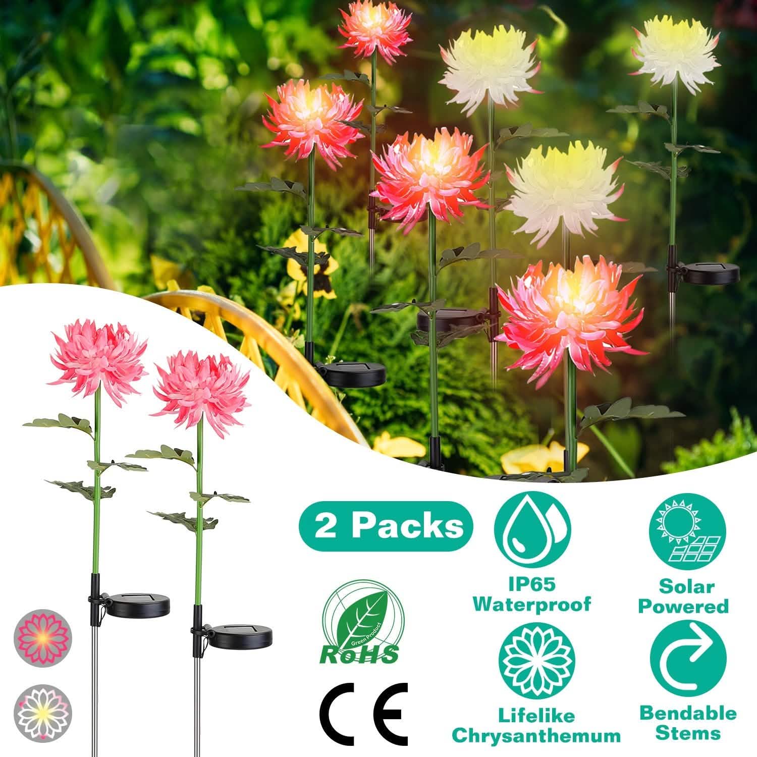 2-Pack: Solar LED Chrysanthemum Lights Outdoor Lighting - Tophatter Daily Deals