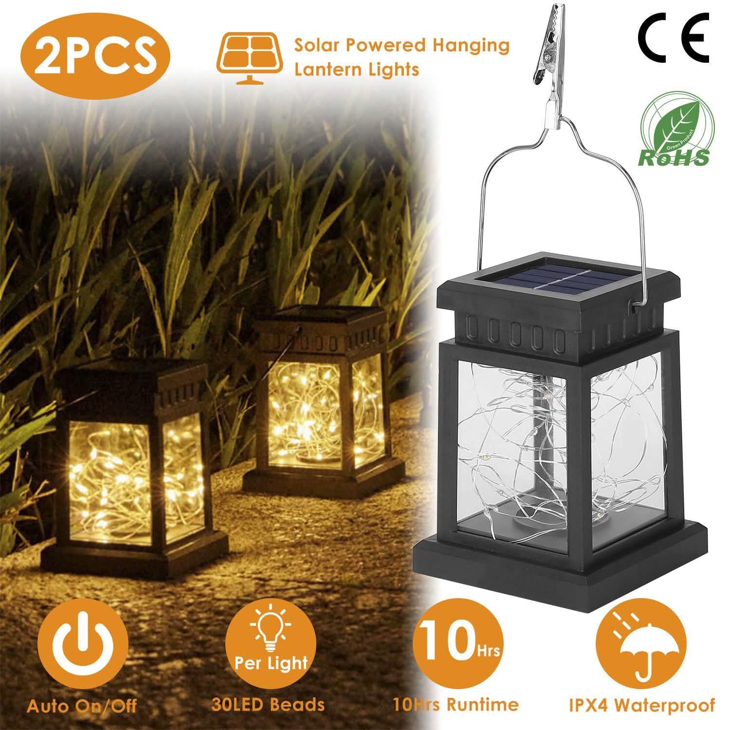 2-Pack: Solar Powered Hanging Lights 30 LED Beads Outdoor Lighting - Tophatter Daily Deals