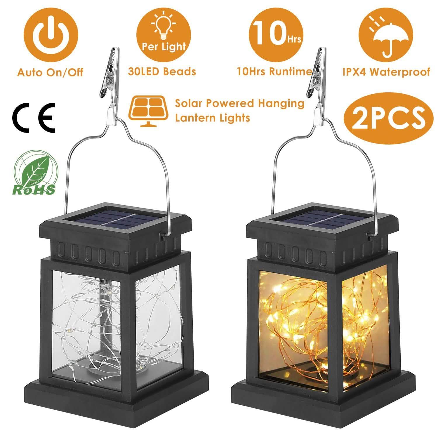 2-Pack: Solar Powered Hanging Lights 30 LED Beads Outdoor Lighting - Tophatter Daily Deals