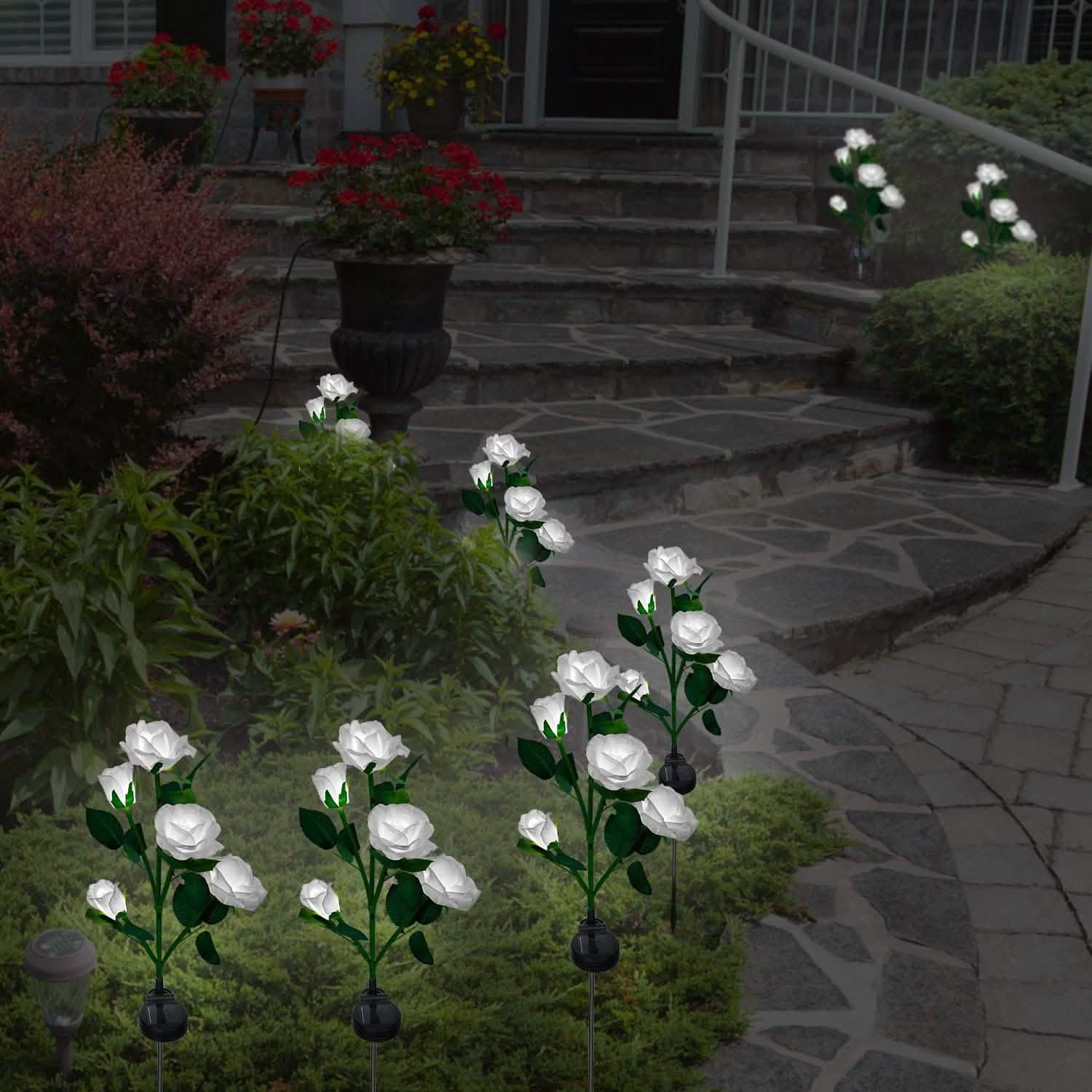 2-Pack: Solar Powered Rose Flower LED Decorative Lamp Outdoor Lighting - Tophatter Daily Deals