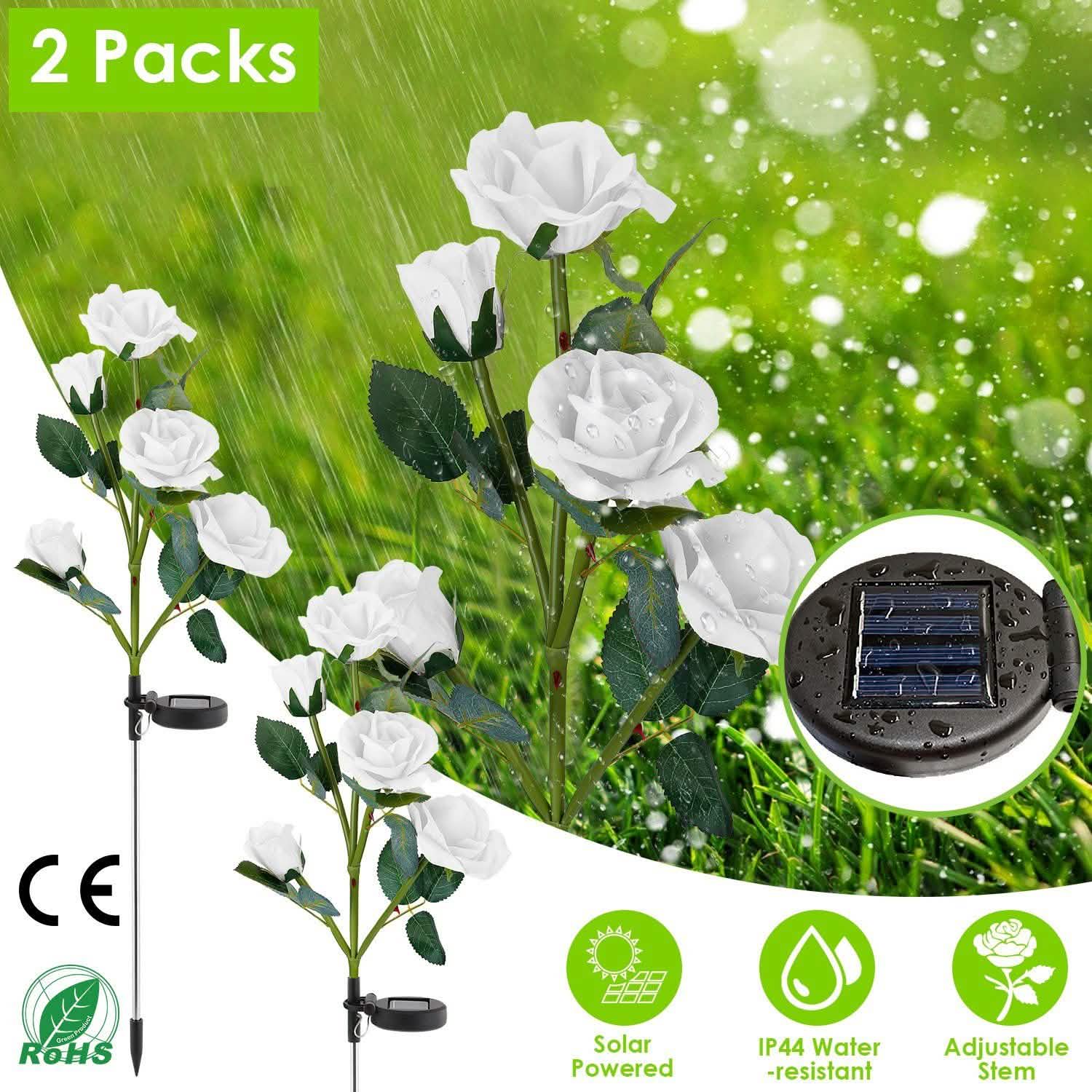 2-Pack: Solar Powered Rose Flower LED Decorative Lamp Outdoor Lighting - Tophatter Daily Deals