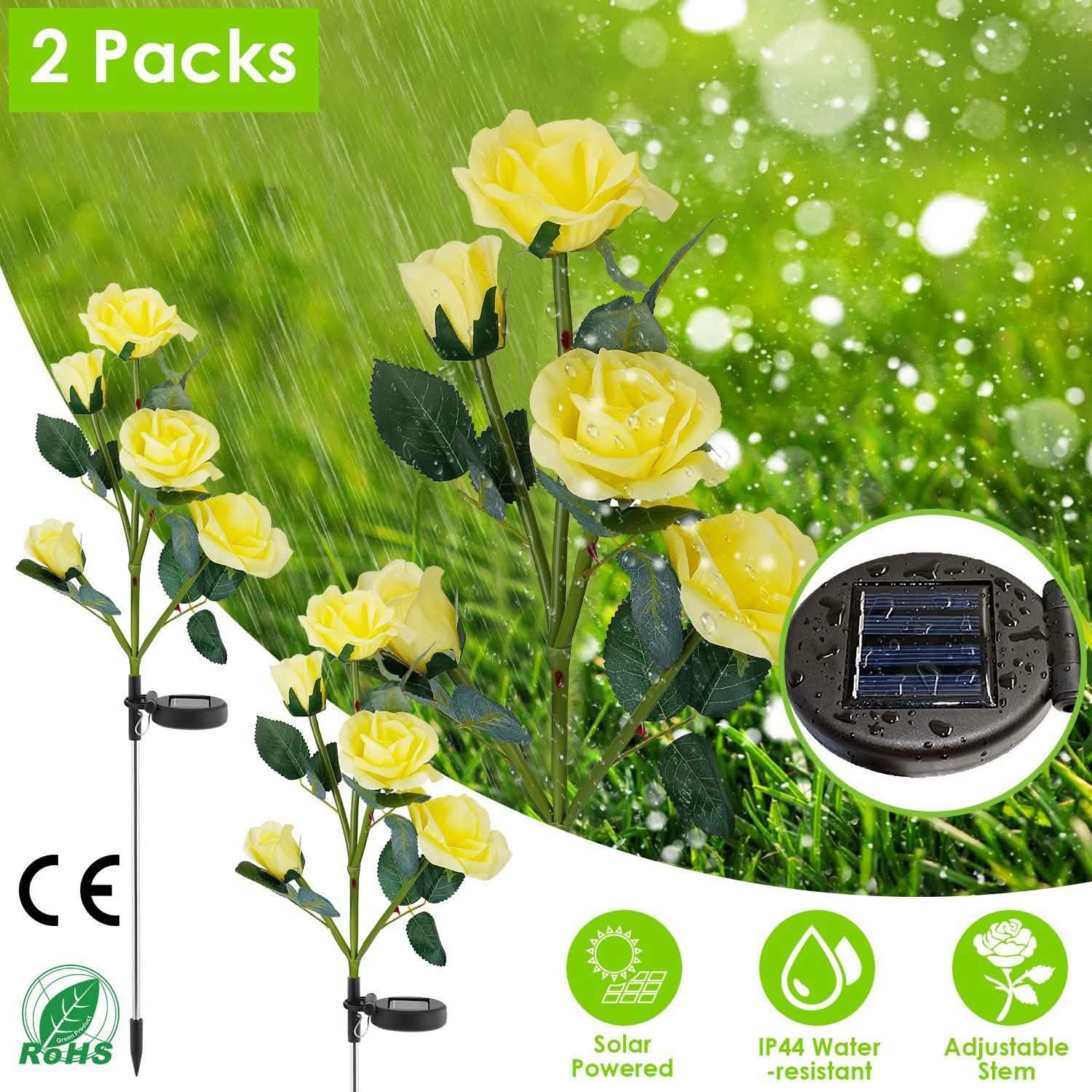 2-Pack: Solar Powered Rose Flower LED Decorative Lamp Outdoor Lighting - Tophatter Daily Deals