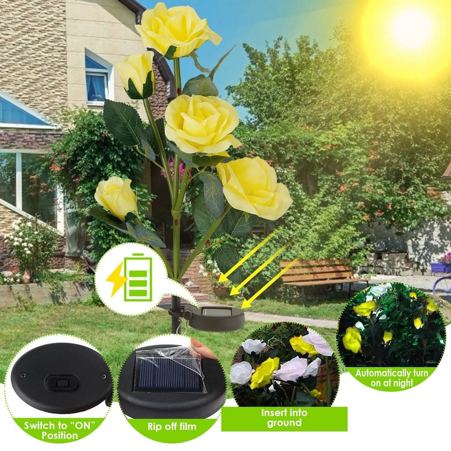 2-Pack: Solar Powered Rose Flower LED Decorative Lamp Outdoor Lighting - Tophatter Daily Deals