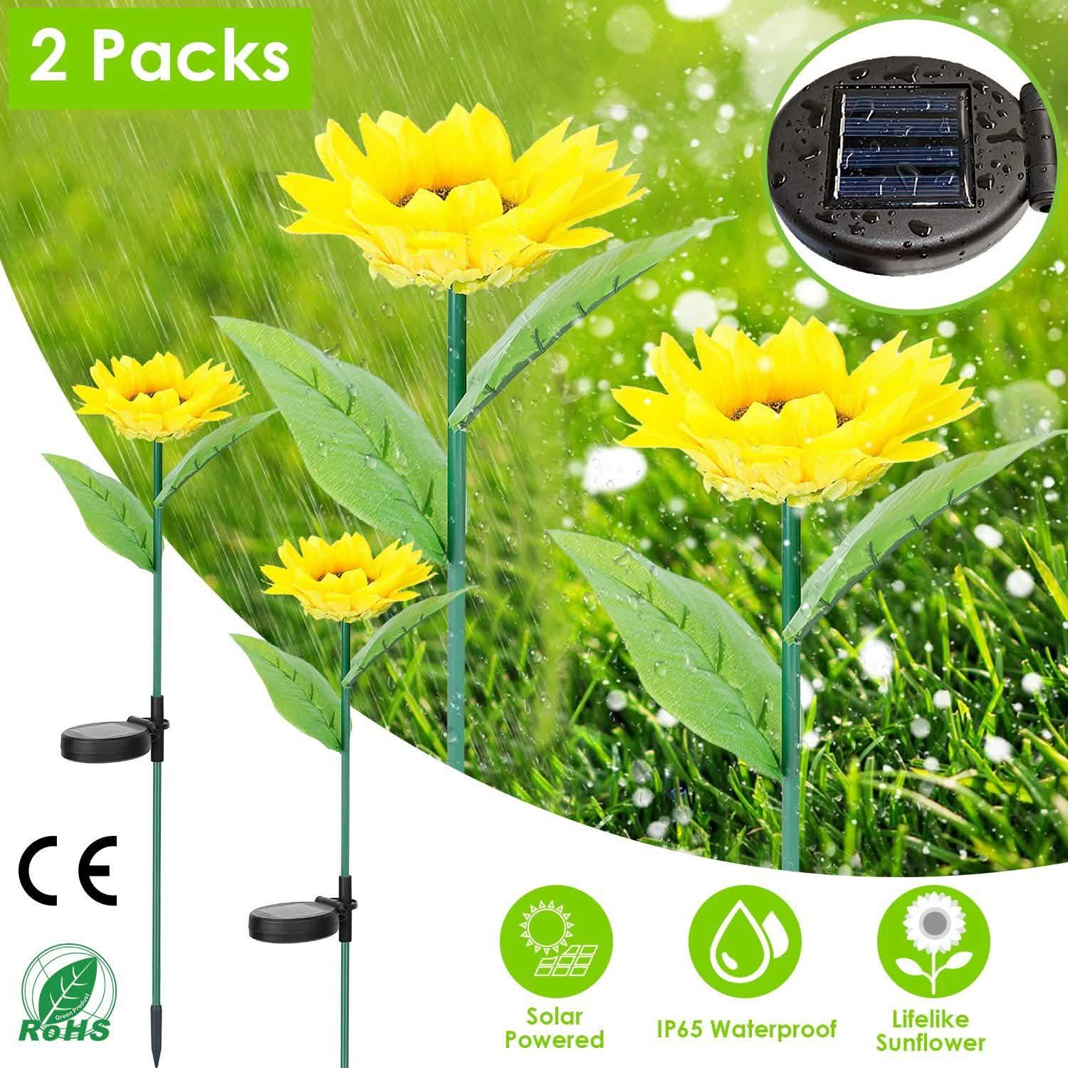 2-Pack: Solar Powered Sunflower Lights LED Decorative Stake Lamp Garden & Patio - Tophatter Daily Deals