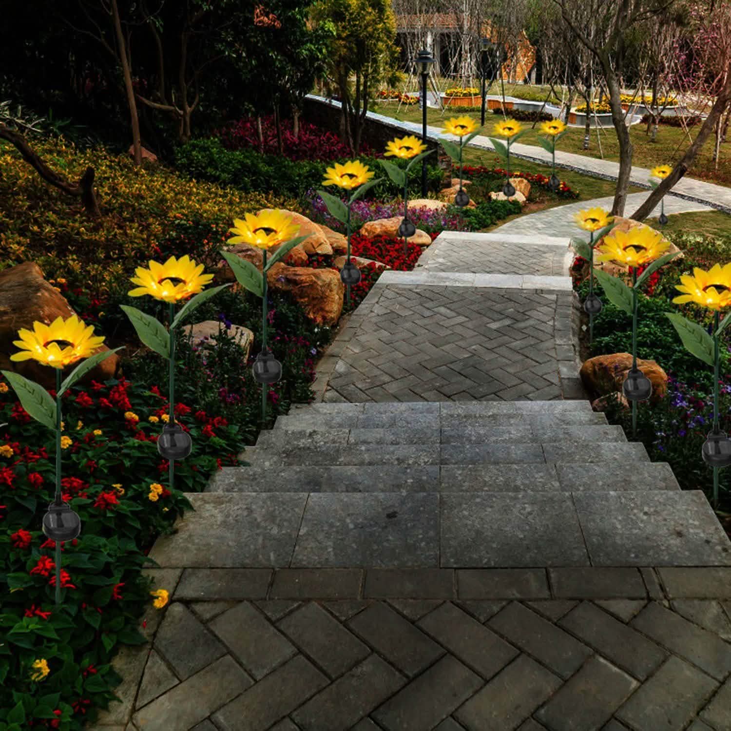 2-Pack: Solar Powered Sunflower Lights LED Decorative Stake Lamp Garden & Patio - Tophatter Daily Deals