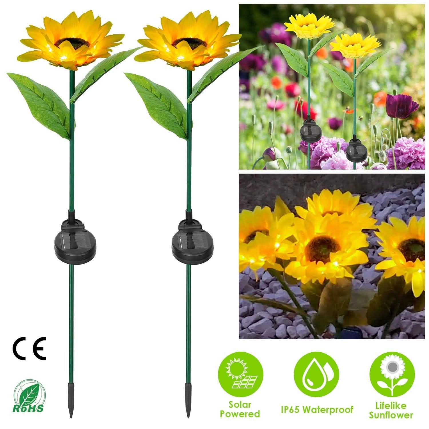 2-Pack: Solar Powered Sunflower Lights LED Decorative Stake Lamp Garden & Patio - Tophatter Daily Deals