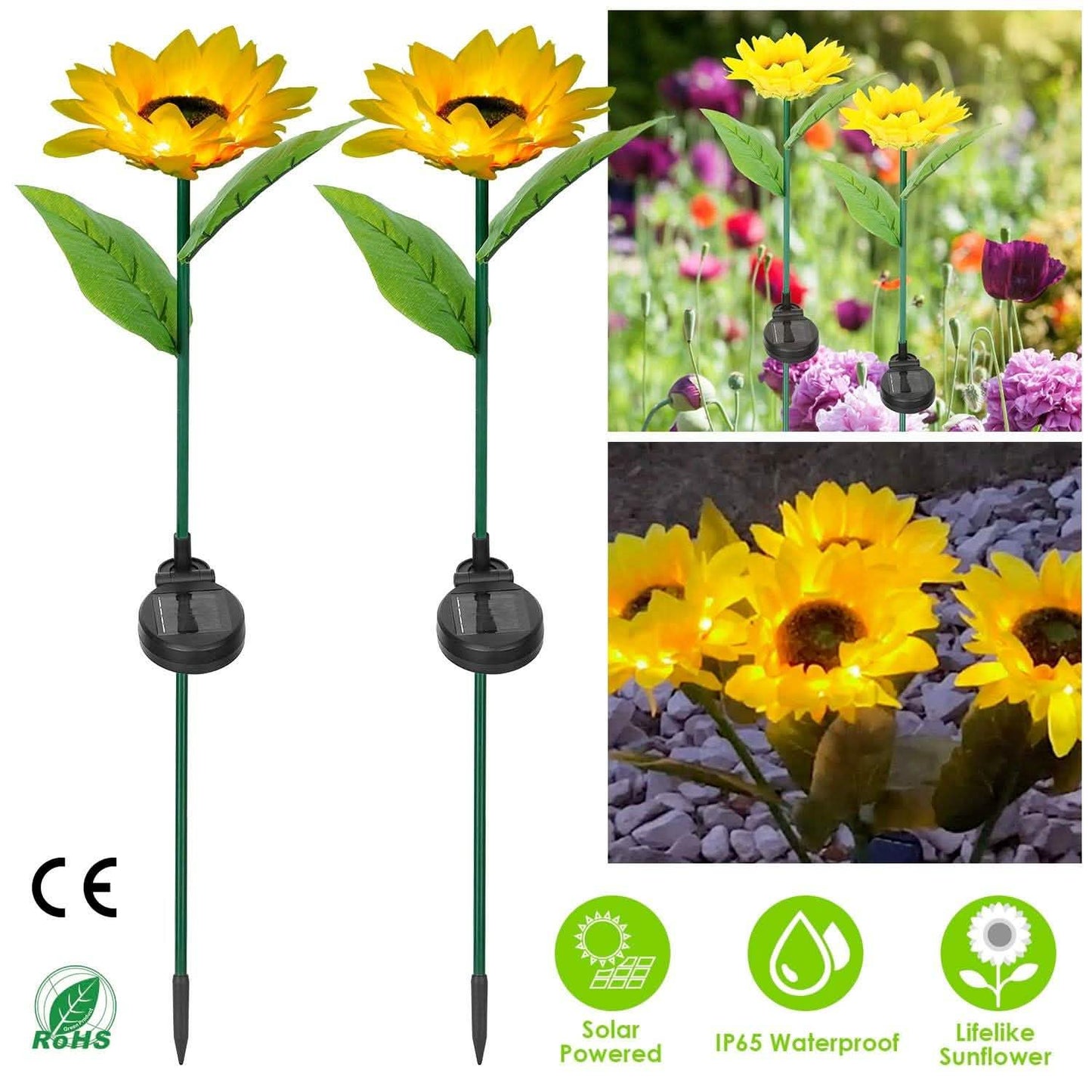 2-Pack: Solar Powered Sunflower Lights LED Decorative Stake Lamp Garden & Patio - Tophatter Daily Deals