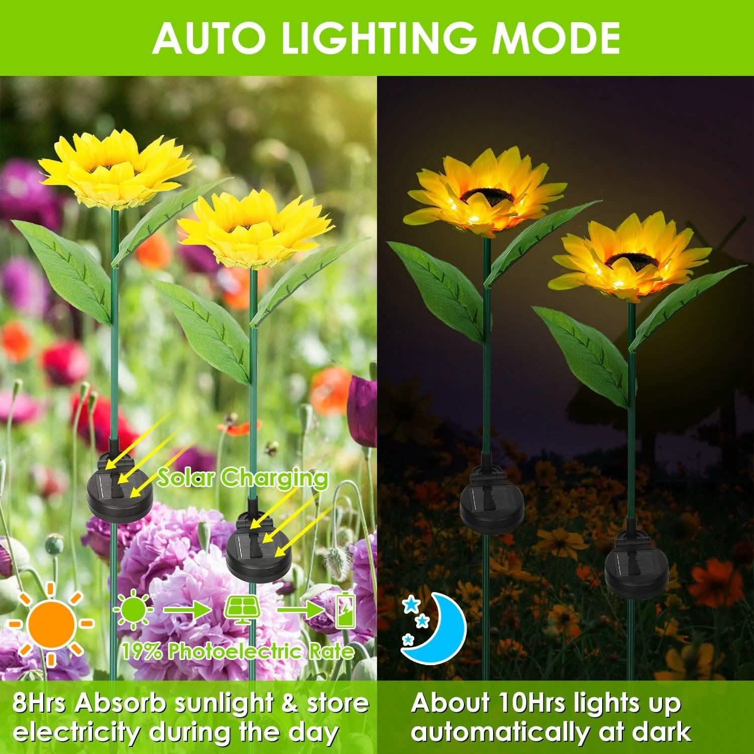 2-Pack: Solar Powered Sunflower Lights LED Decorative Stake Lamp Garden & Patio - Tophatter Daily Deals