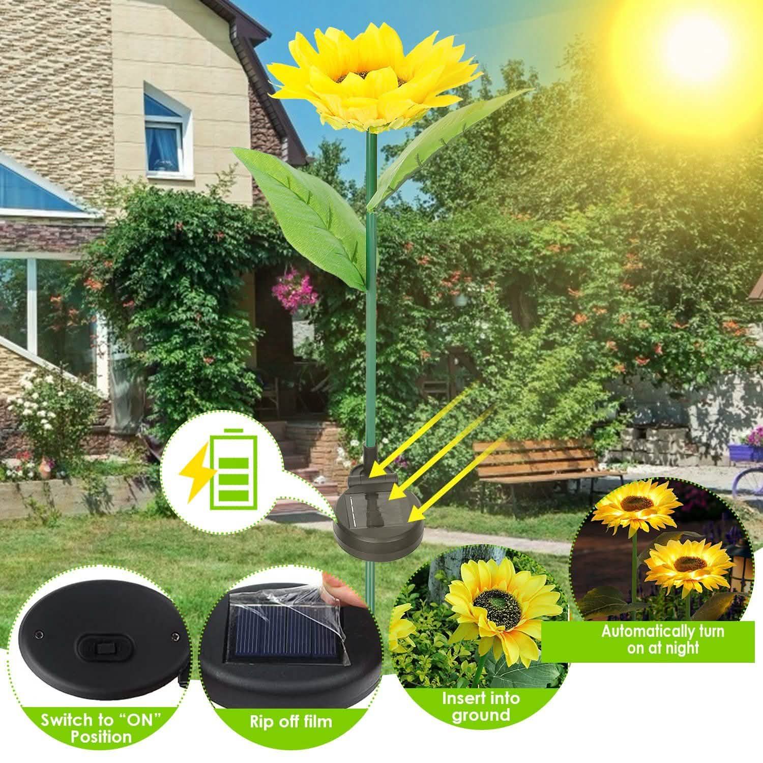 2-Pack: Solar Powered Sunflower Lights LED Decorative Stake Lamp Garden & Patio - Tophatter Daily Deals