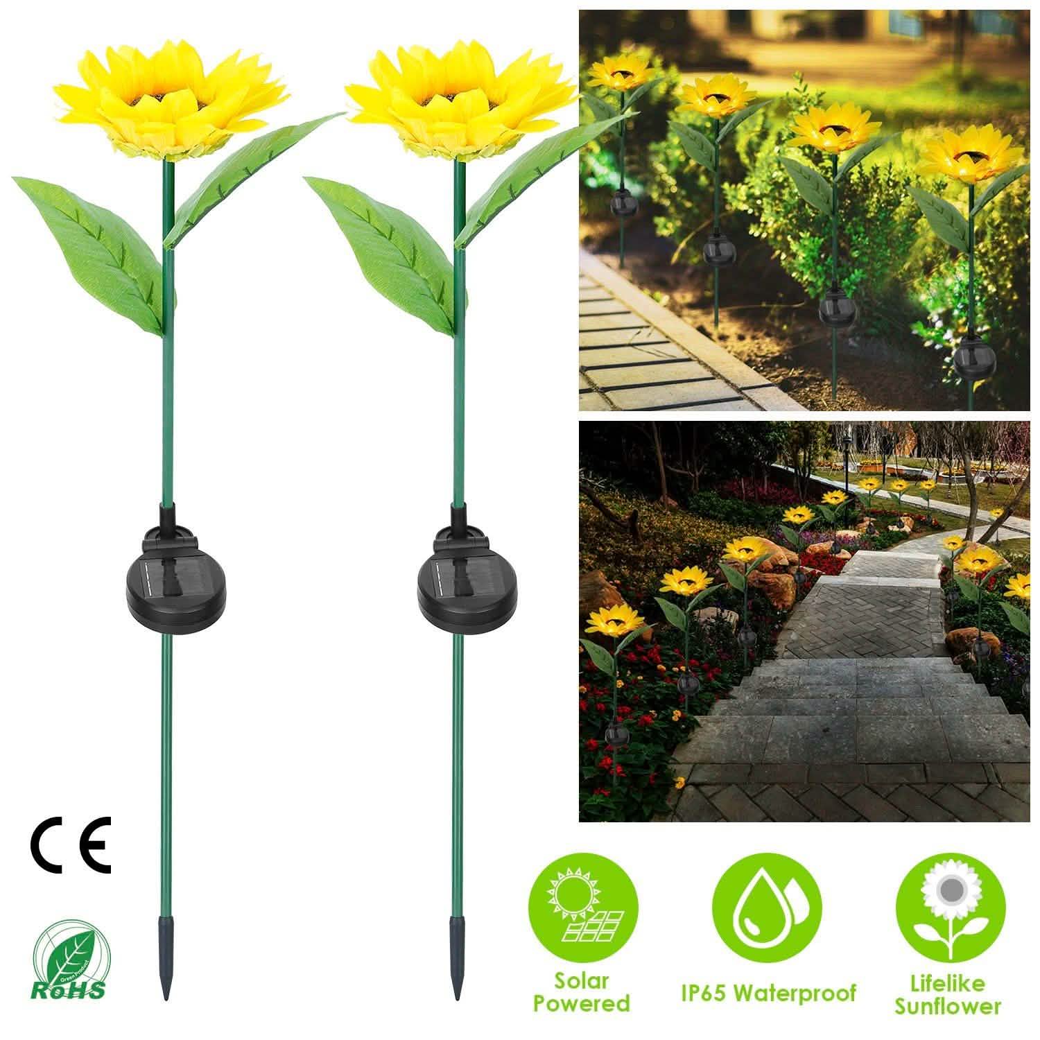 2-Pack: Solar Powered Sunflower Lights LED Decorative Stake Lamp Garden & Patio - Tophatter Daily Deals