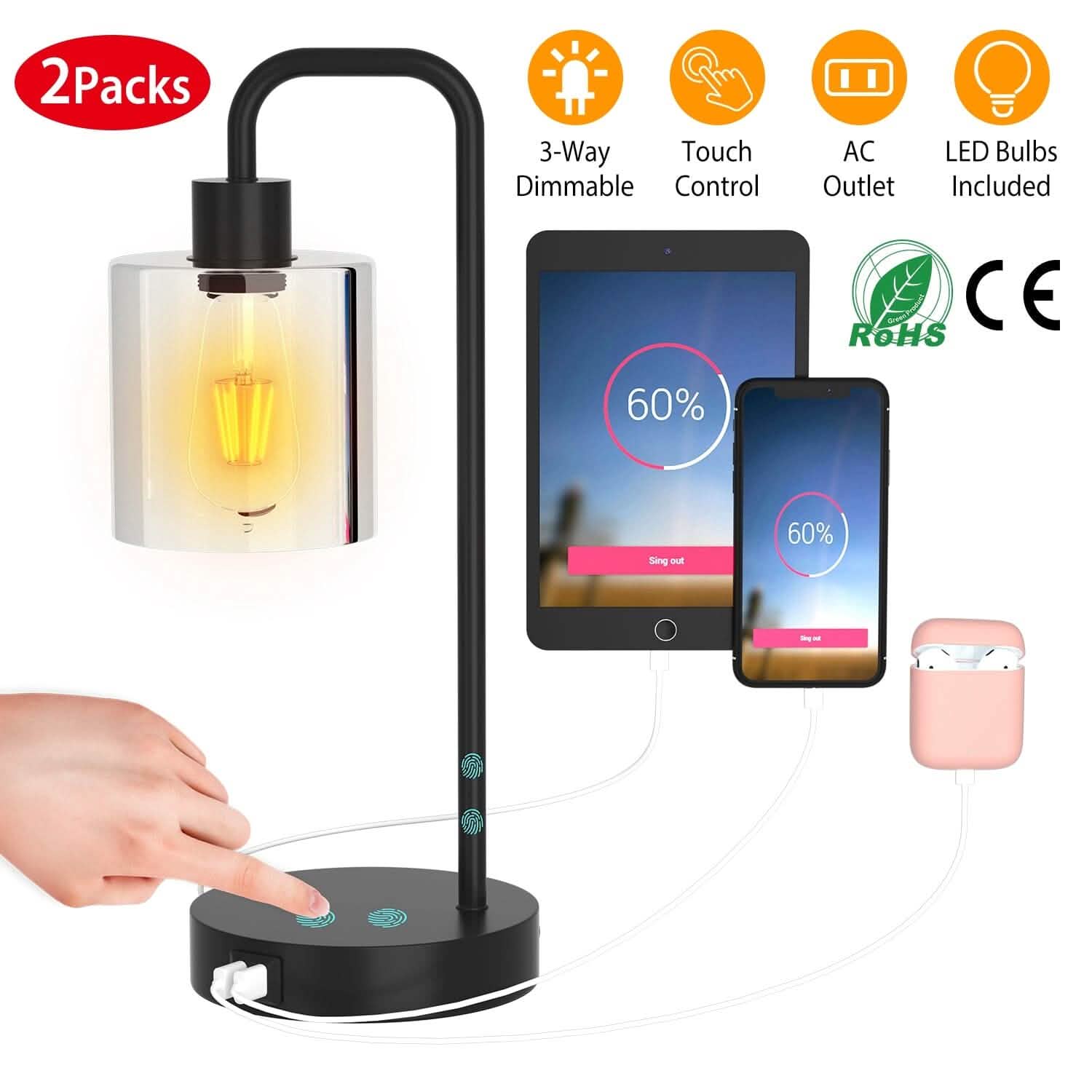 2-Pack: Touch Control Table Lamp Indoor Lighting - Tophatter Daily Deals