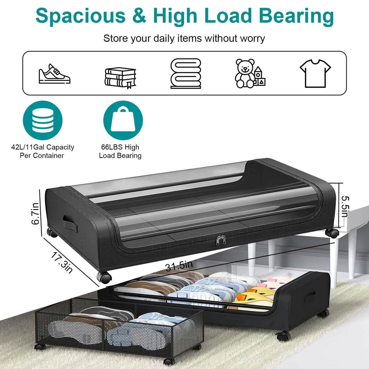 Under-Bed Storage Drawer with Wheels Multipurpose with Clear Window & Label Storage & Organization - Tophatter Daily Deals