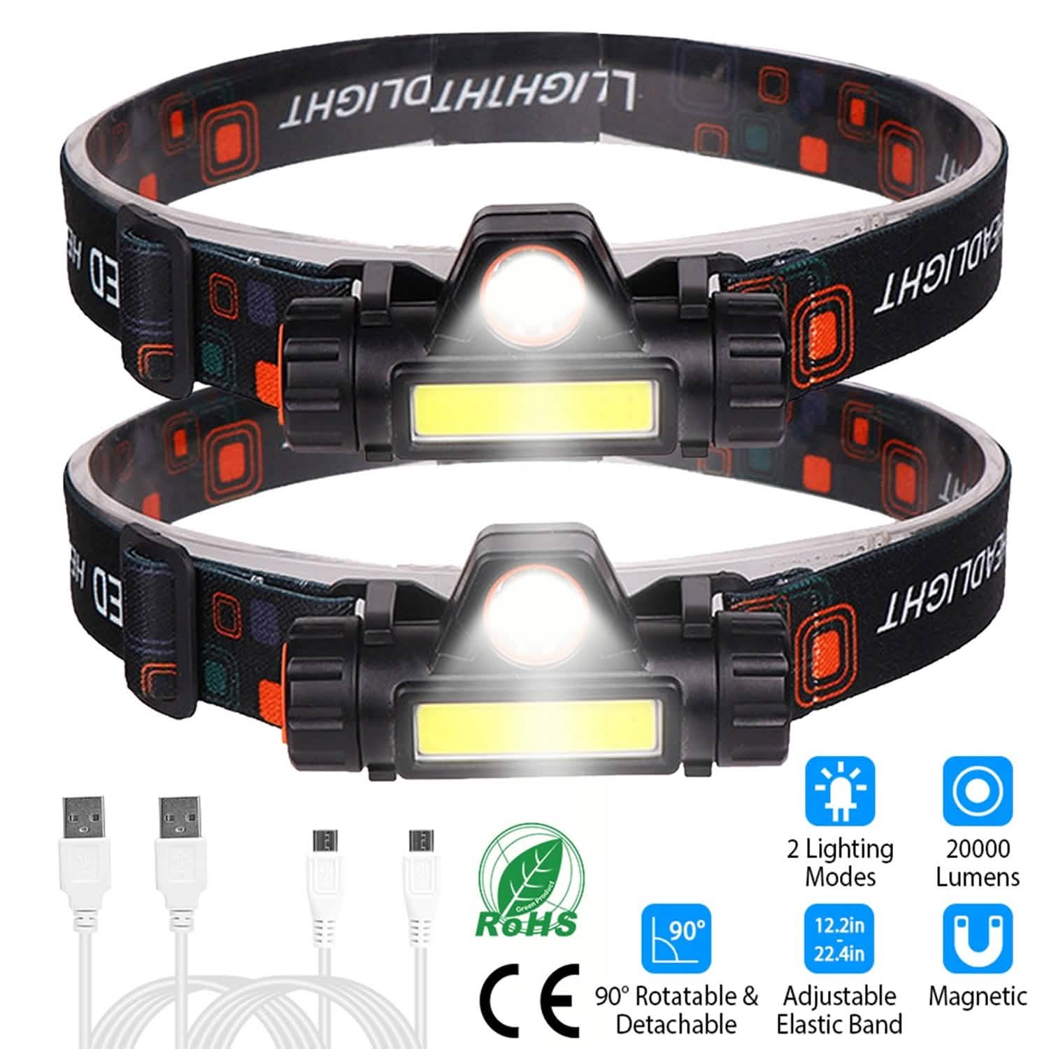 2-Pack: Waterproof Rechargeable Headlamp Outdoor Recreation - Tophatter Daily Deals