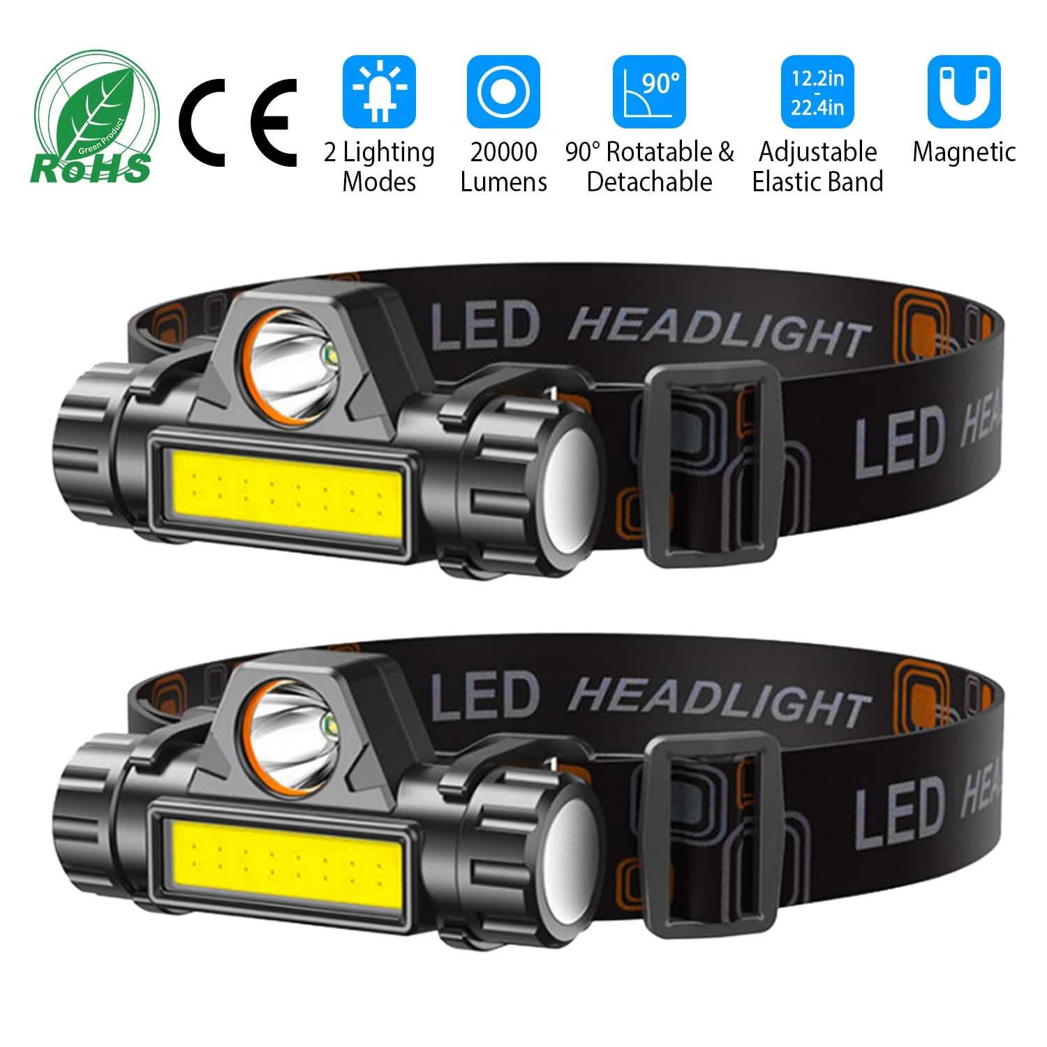 2-Pack: Waterproof Rechargeable Headlamp Outdoor Recreation - Tophatter Daily Deals