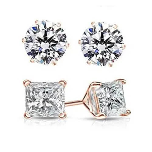 2 Pairs: Round and Princess Cut Rose Gold Stud Earrings Earrings - Tophatter Daily Deals