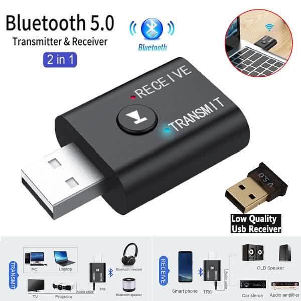 2-Piece: 2-in-1 USB Wireless Bluetooth Adapter 5.0 Transmitter Audio Accessories - Tophatter Daily Deals