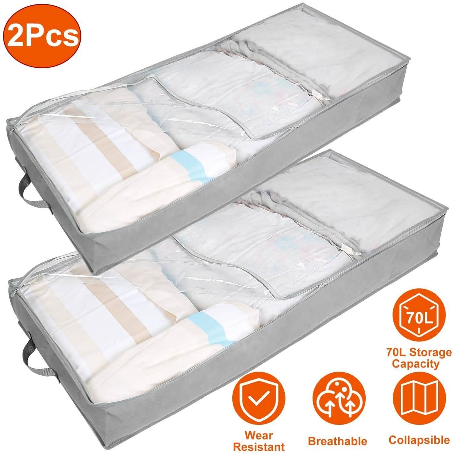 2-Piece: 70L Foldable Underbed Clothes Moisture Proof Zipped Organizer Storage & Organization - Tophatter Daily Deals