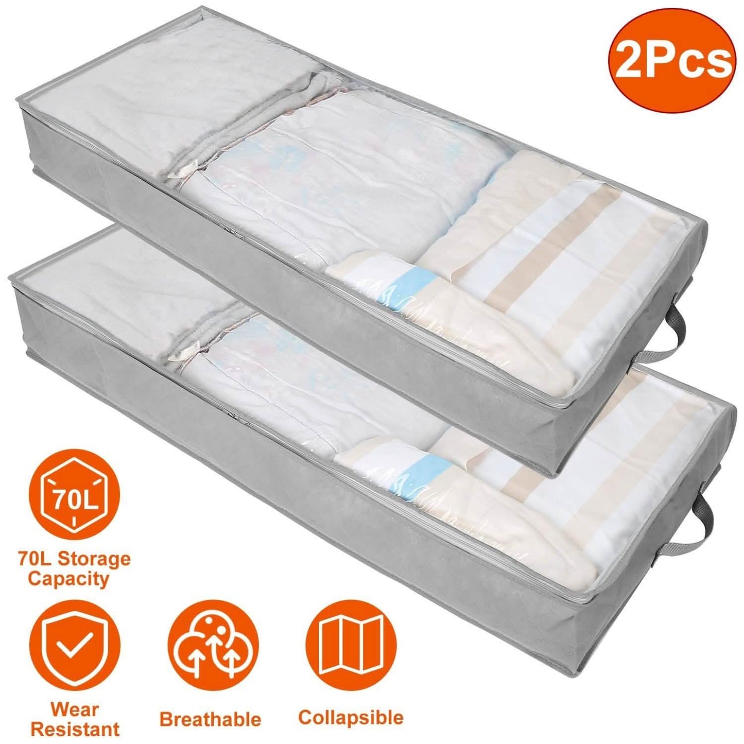 2-Piece: 70L Foldable Underbed Clothes Moisture Proof Zipped Organizer Storage & Organization - Tophatter Daily Deals