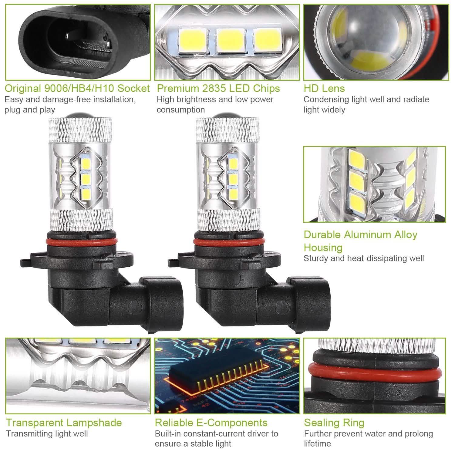 2-Piece: 980LM 80W 9006 HB4 LED Fog DRL Light Bulb Automotive - Tophatter Daily Deals