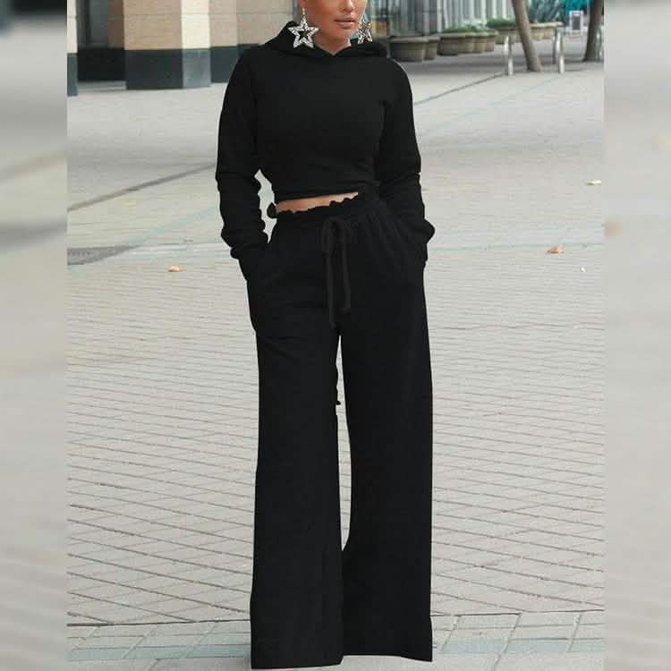 2-Piece: Drawstring Open Back Loose Trouser Legs Suit Black Women's Loungewear - Tophatter Daily Deals