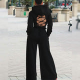 2-Piece: Drawstring Open Back Loose Trouser Legs Suit Women's Loungewear - Tophatter Daily Deals