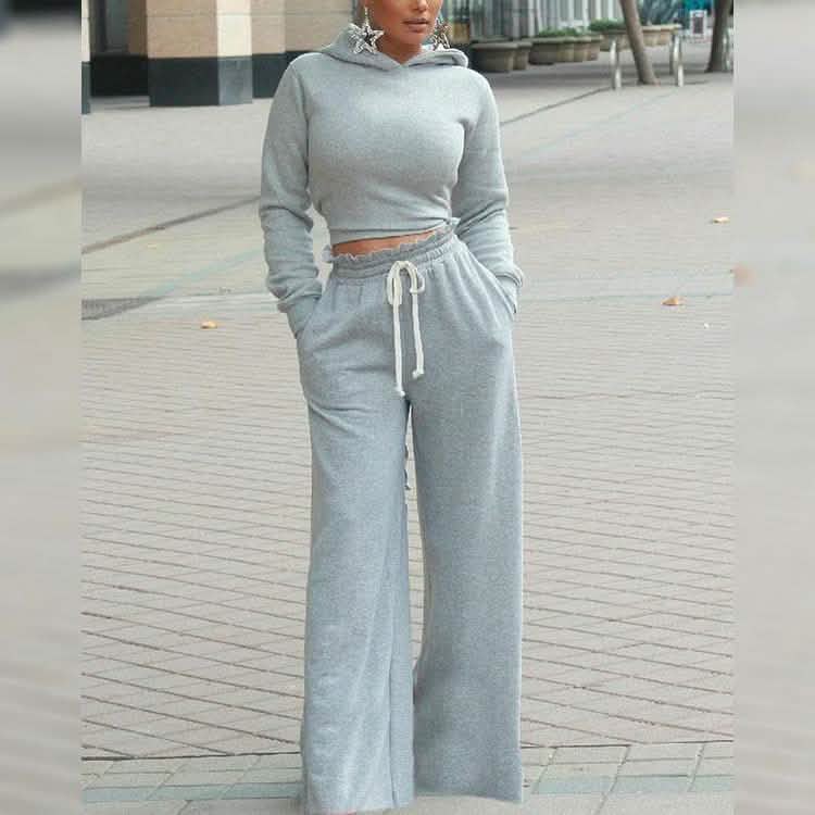 2-Piece: Drawstring Open Back Loose Trouser Legs Suit Gray Women's Loungewear - Tophatter Daily Deals