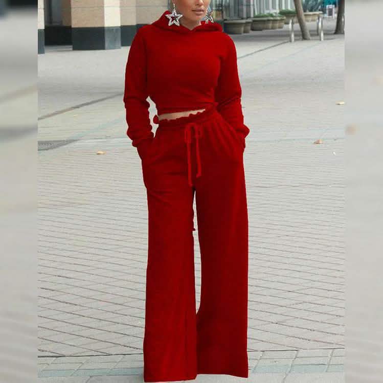 2-Piece: Drawstring Open Back Loose Trouser Legs Suit Red Women's Loungewear - Tophatter Daily Deals