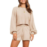 2-Piece: Knit Outfits Puff Sleeve Crop Top Shorts Set Sweater Sweatsuit Apricot Women's Loungewear - Tophatter Daily Deals