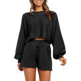 2-Piece: Knit Outfits Puff Sleeve Crop Top Shorts Set Sweater Sweatsuit Black Women's Loungewear - Tophatter Daily Deals