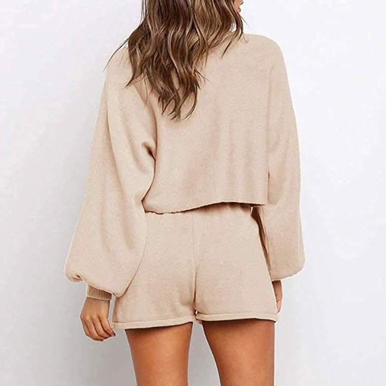 2-Piece: Knit Outfits Puff Sleeve Crop Top Shorts Set Sweater Sweatsuit Women's Loungewear - Tophatter Daily Deals
