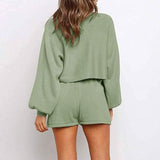 2-Piece: Knit Outfits Puff Sleeve Crop Top Shorts Set Sweater Sweatsuit Women's Loungewear - Tophatter Daily Deals