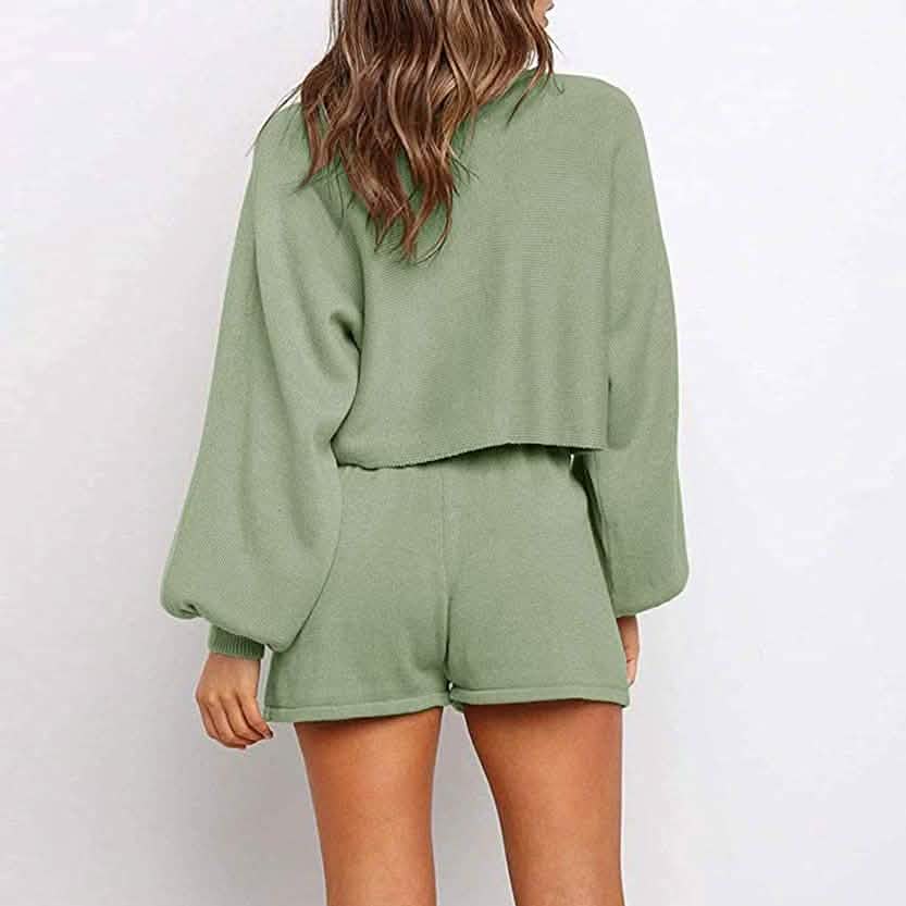 2-Piece: Knit Outfits Puff Sleeve Crop Top Shorts Set Sweater Sweatsuit Women's Loungewear - Tophatter Daily Deals