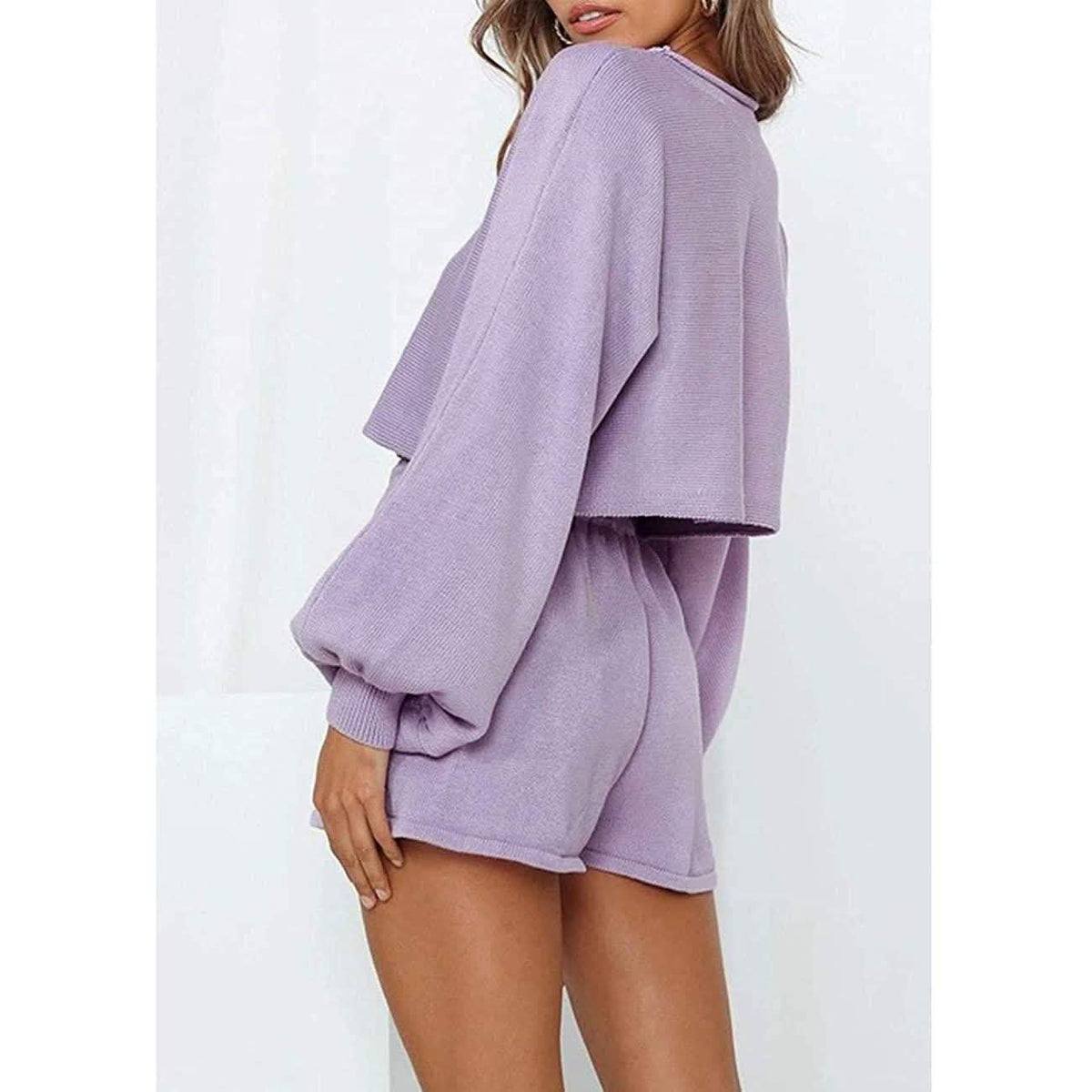 2-Piece: Knit Outfits Puff Sleeve Crop Top Shorts Set Sweater Sweatsuit Women's Loungewear - Tophatter Daily Deals