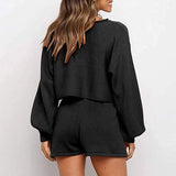 2-Piece: Knit Outfits Puff Sleeve Crop Top Shorts Set Sweater Sweatsuit Women's Loungewear - Tophatter Daily Deals