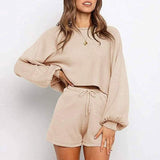 2-Piece: Knit Outfits Puff Sleeve Crop Top Shorts Set Sweater Sweatsuit Women's Loungewear - Tophatter Daily Deals