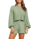 2-Piece: Knit Outfits Puff Sleeve Crop Top Shorts Set Sweater Sweatsuit Green Women's Loungewear - Tophatter Daily Deals