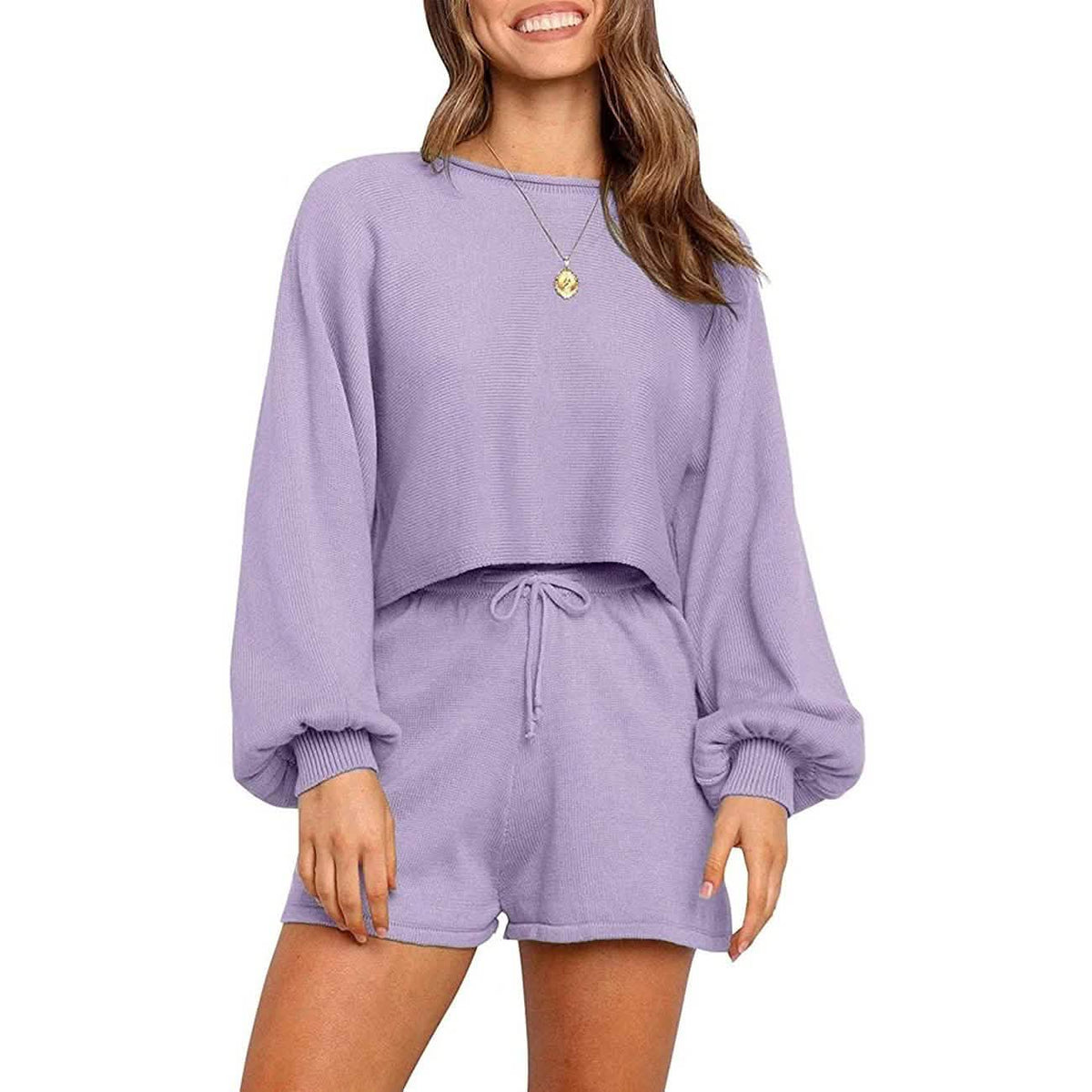 2-Piece: Knit Outfits Puff Sleeve Crop Top Shorts Set Sweater Sweatsuit Lavender Women's Loungewear - Tophatter Daily Deals