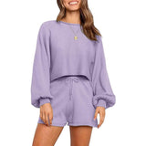 2-Piece: Knit Outfits Puff Sleeve Crop Top Shorts Set Sweater Sweatsuit Lavender Women's Loungewear - Tophatter Daily Deals