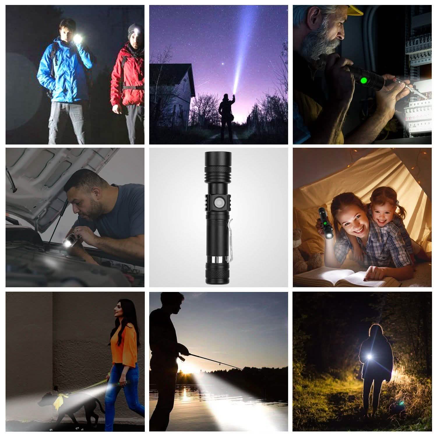 2-Piece: LED Handheld Flashlight Zoomable USB Rechargable Outdoor Recreation - Tophatter Daily Deals