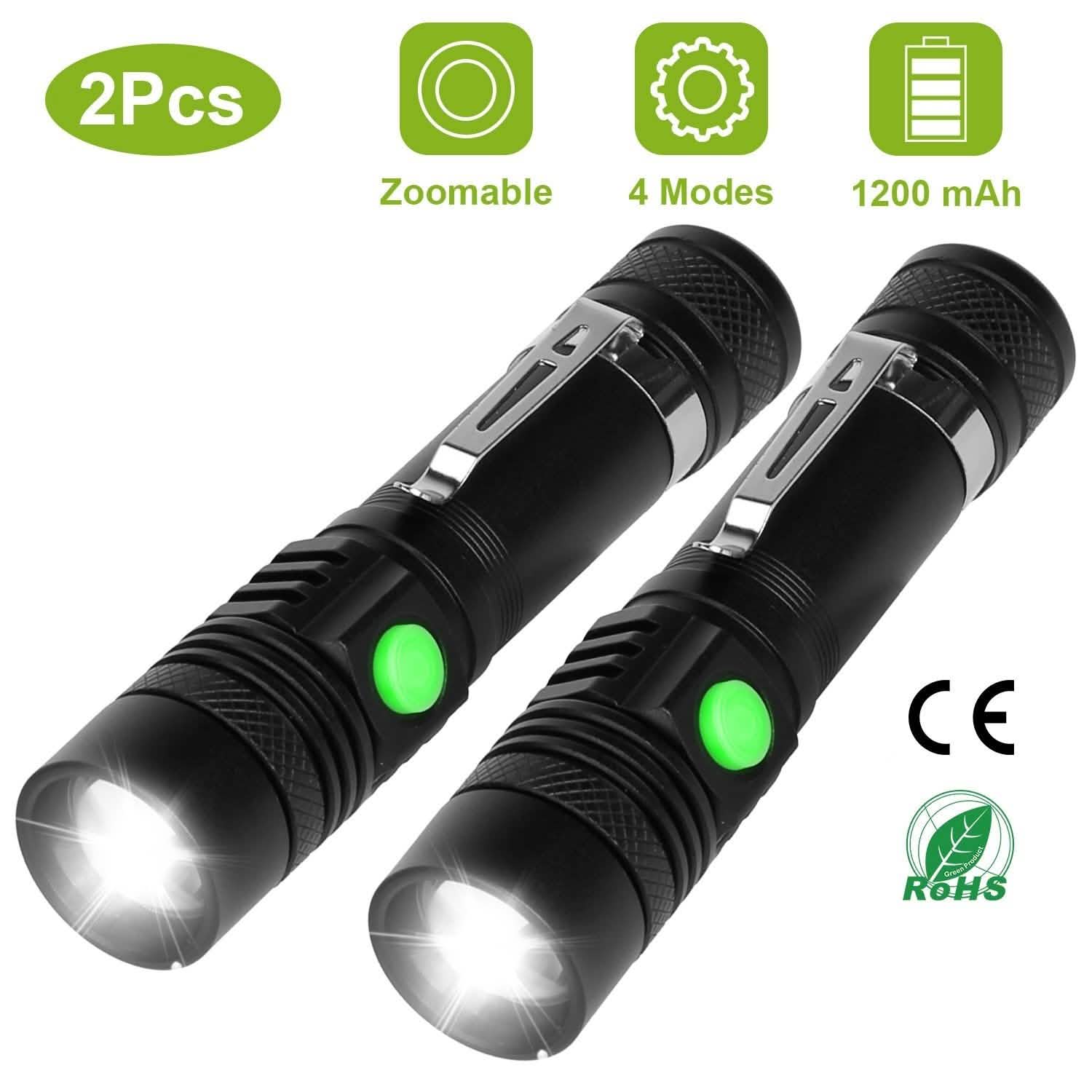 2-Piece: LED Handheld Flashlight Zoomable USB Rechargable Outdoor Recreation - Tophatter Daily Deals