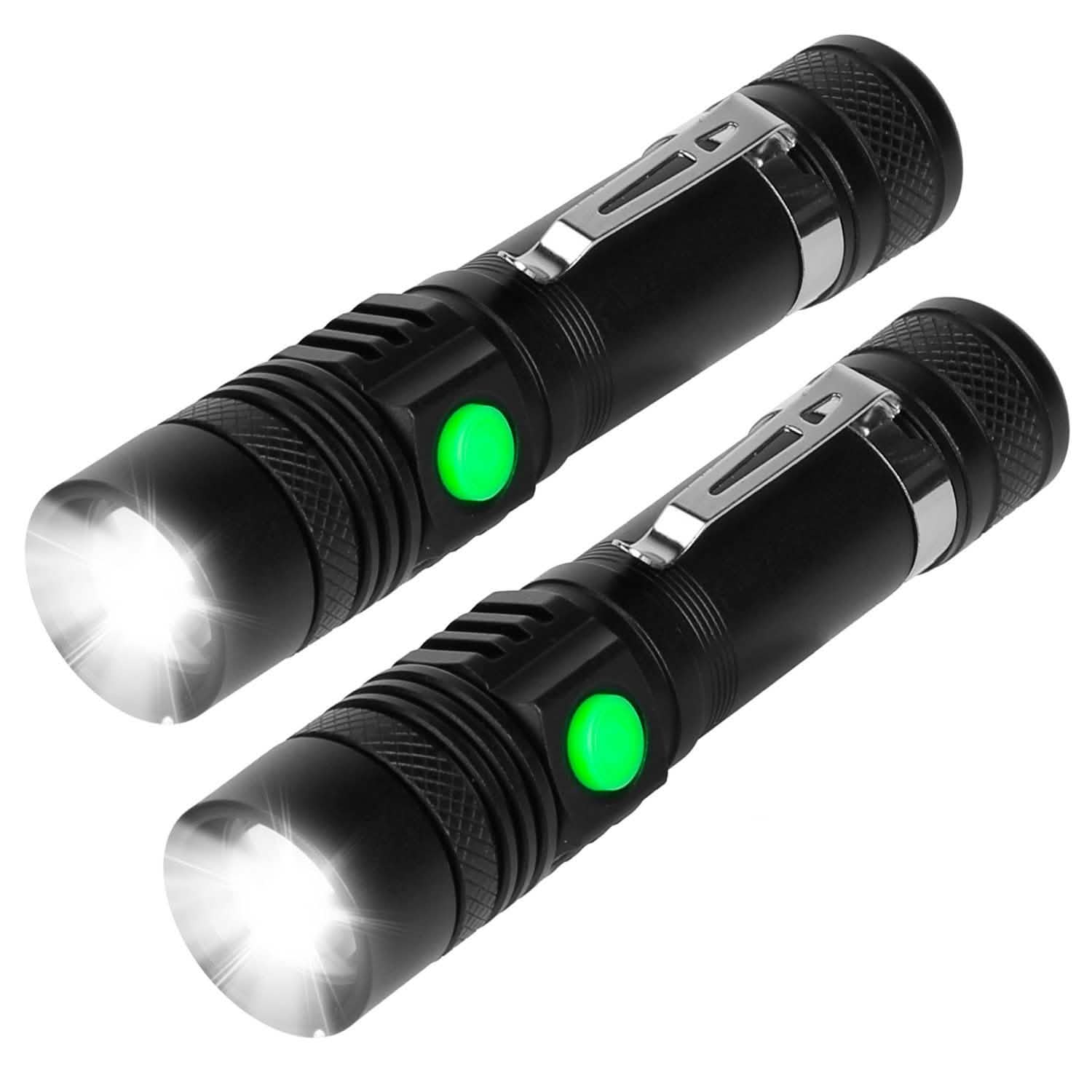 2-Piece: LED Handheld Flashlight Zoomable USB Rechargable Outdoor Recreation - Tophatter Daily Deals