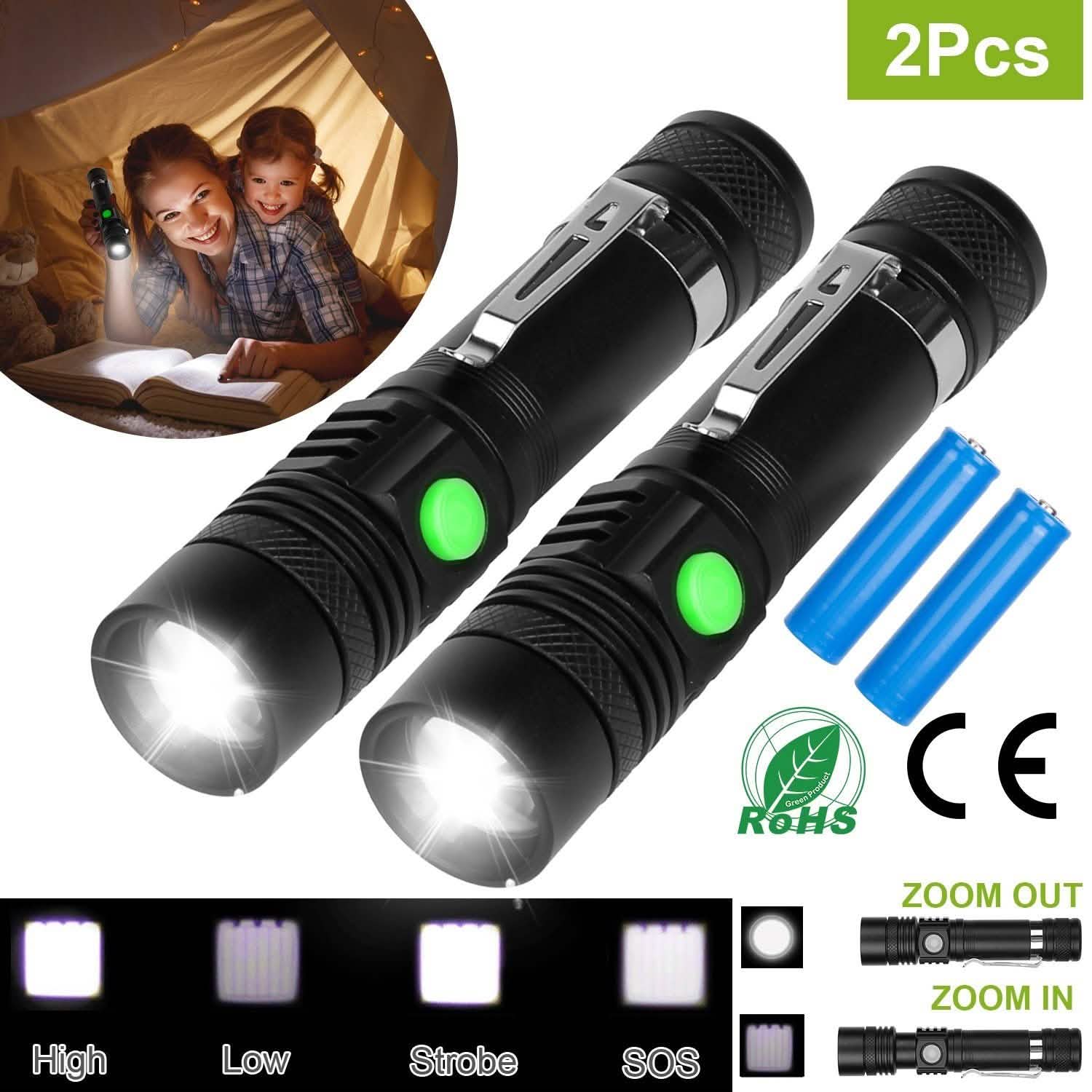 2-Piece: LED Handheld Flashlight Zoomable USB Rechargable Outdoor Recreation - Tophatter Daily Deals