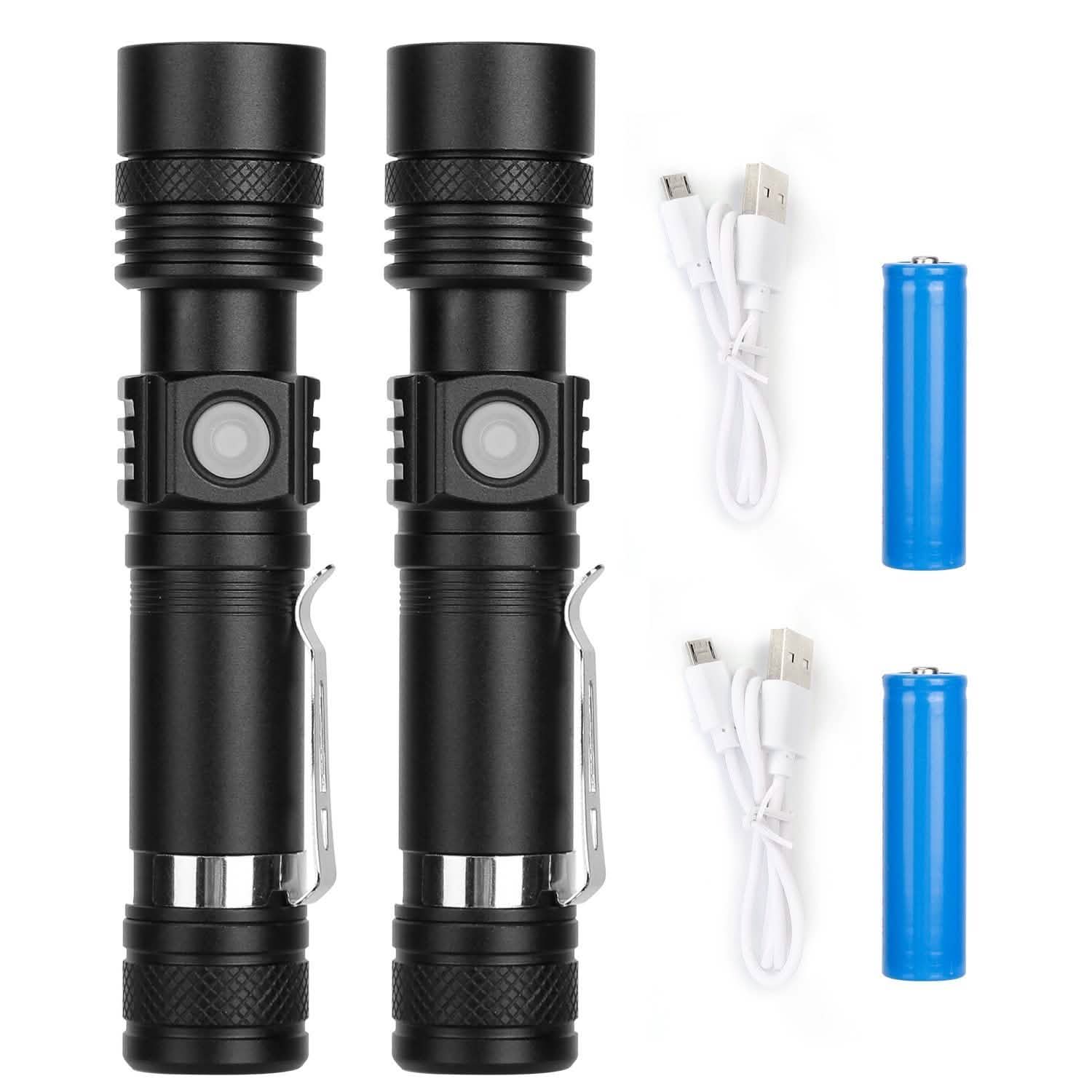 2-Piece: LED Handheld Flashlight Zoomable USB Rechargable Outdoor Recreation - Tophatter Daily Deals