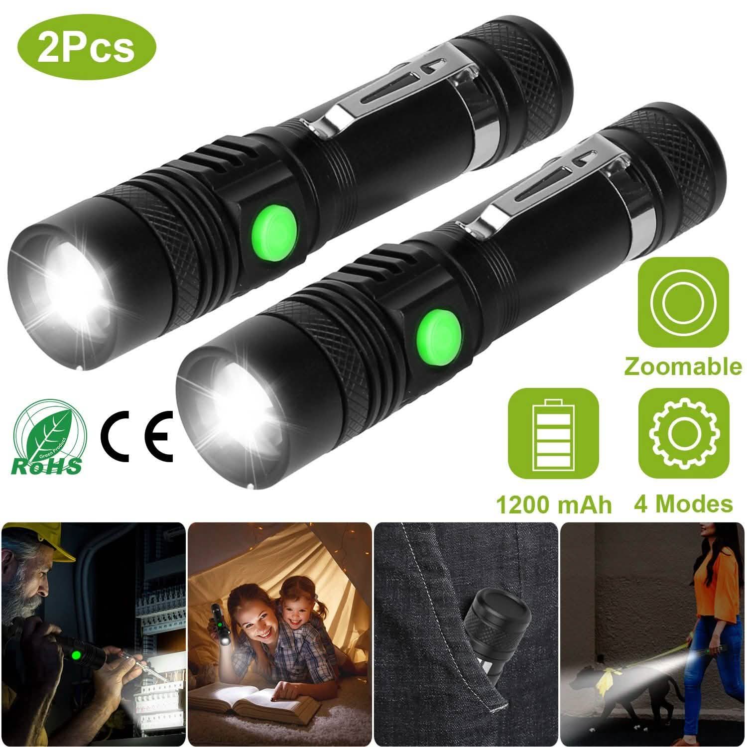 2-Piece: LED Handheld Flashlight Zoomable USB Rechargable Outdoor Recreation - Tophatter Daily Deals