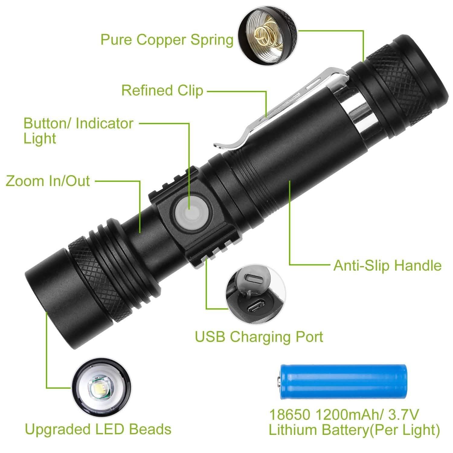 2-Piece: LED Handheld Flashlight Zoomable USB Rechargable Outdoor Recreation - Tophatter Daily Deals