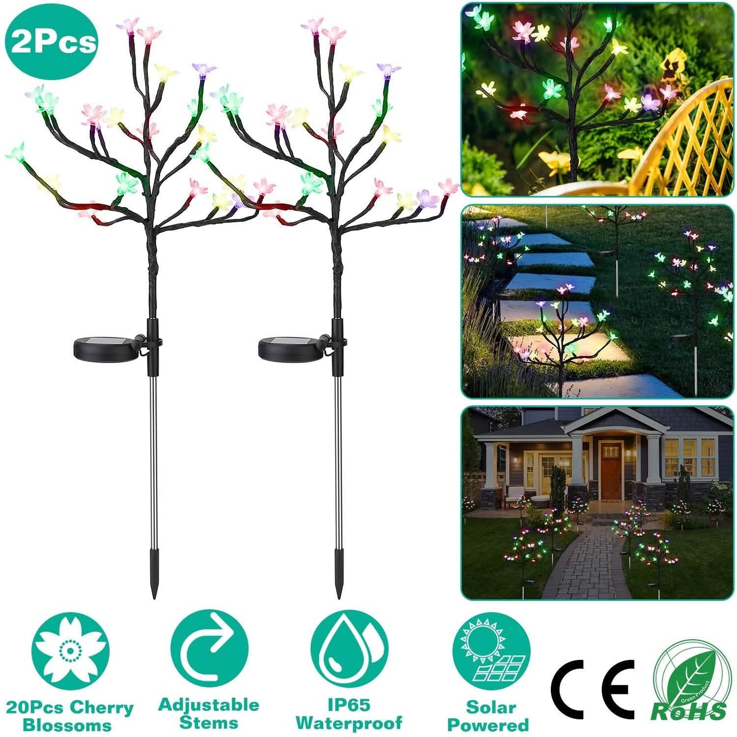 2-Piece: Outdoor Solar Light Cherry Blossom Flower Landscape Light Outdoor Lighting - Tophatter Daily Deals