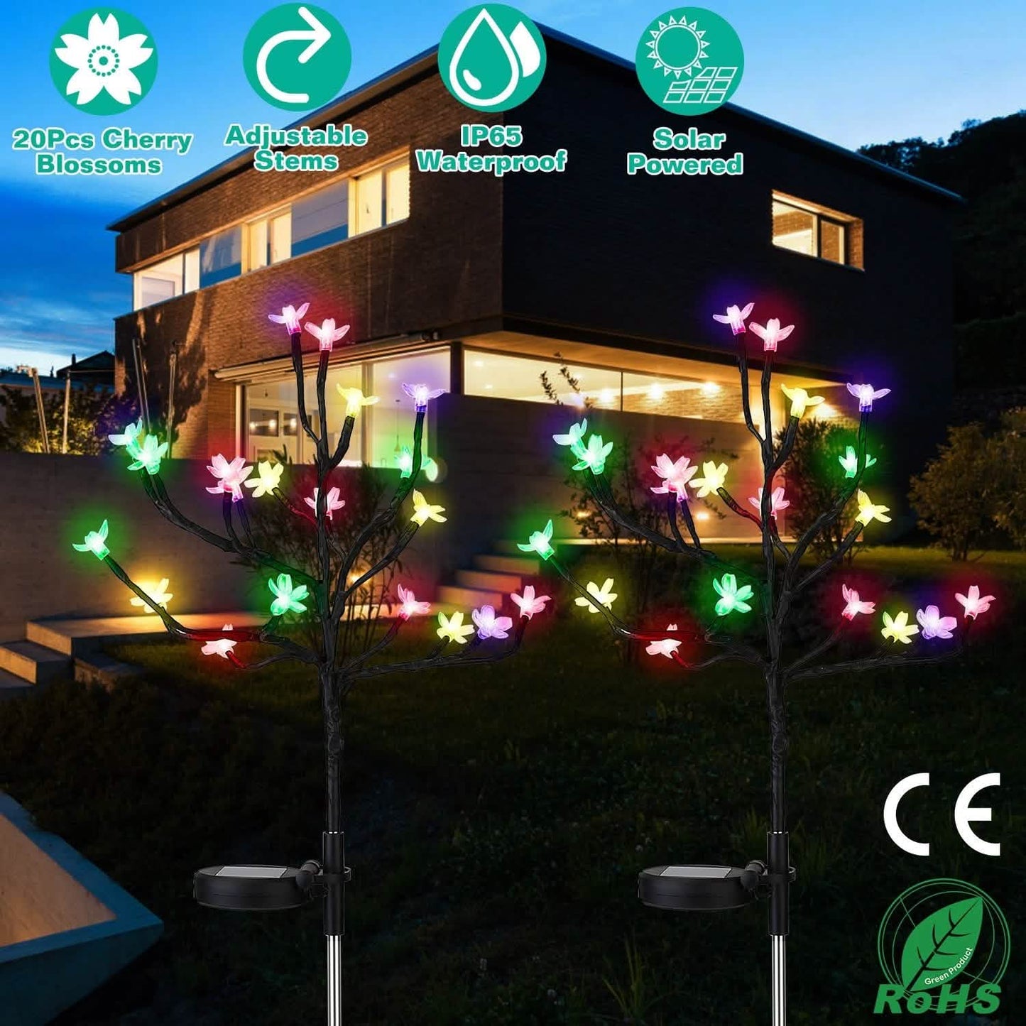 2-Piece: Outdoor Solar Light Cherry Blossom Flower Landscape Light Outdoor Lighting - Tophatter Daily Deals
